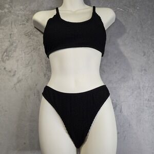 2 Piece Bikin Set Swimsuit Size Large Black Ribbed T Shirt High Cut Bottoms